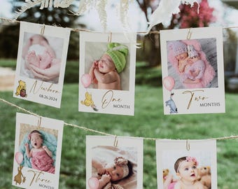 Klassische Winnie the Pooh Monatliche Meilenstein-Fotokarten, bearbeitbare Vintage Pooh 1st Geburtstagsfotobanner, Pooh Bär Dekor, Mädchen erster Geburtstag