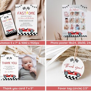 Puede incluir: Un conjunto de art&iacute;culos para fiestas con tem&aacute;tica de coches de carreras. Incluye un smartphone y una invitaci&oacute;n con el texto "FAST ONE", un p&oacute;ster fotogr&aacute;fico, una tarjeta de agradecimiento y una etiqueta de recuerdo. Los dise&ntilde;os presentan un coche de carreras rojo y una bandera a cuadros.
