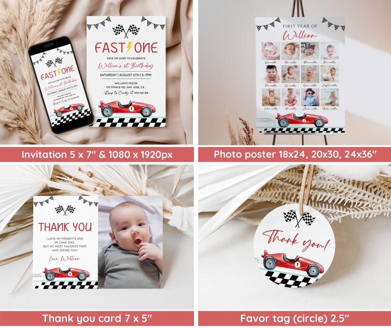Puede incluir: Un conjunto de art&iacute;culos para fiestas con tem&aacute;tica de coches de carreras. Incluye un smartphone y una invitaci&oacute;n con el texto "FAST ONE", un p&oacute;ster fotogr&aacute;fico, una tarjeta de agradecimiento y una etiqueta de recuerdo. Los dise&ntilde;os presentan un coche de carreras rojo y una bandera a cuadros.