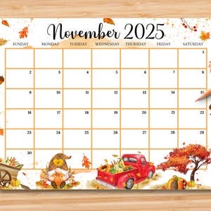 Calendario novembre 2025 MODIFICABILE, Bellissimo autunno con zucche e foglie gialle, Planner del Ringraziamento stampabile e compilabile, Programma per bambini