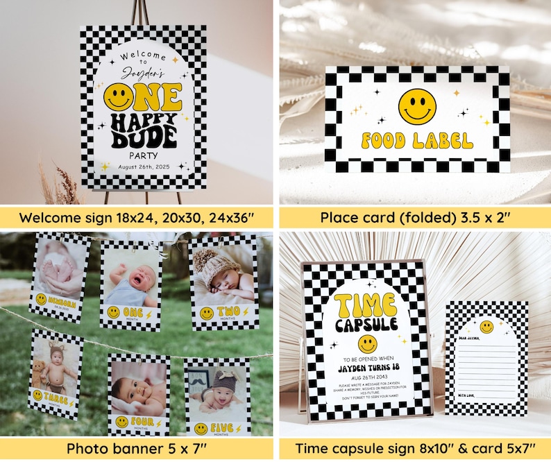 One Happy Dude Birthday Invitation Bundle, Editable Retro One Happy Dude First Birthday Invite Boy, Smiley Face Party Template, Printable image 4