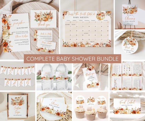 Little Pumpkin Baby Shower Bundle, Fall Baby Shower Invitation & Game Bundle, Floral Pumpkin, Autumn Baby Sprinkle, Editable Canva Template