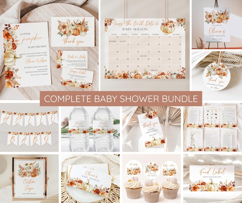 May include: A complete baby shower bundle with a fall theme. The bundle includes a welcome sign, a banner, water bottle labels, cupcake toppers, a food label, a thank you card, a guess the birth date game, and a baby shower invitation. The design features pumpkins, leaves, and flowers in shades of orange, brown, and white.