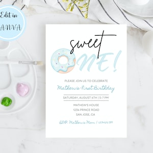 Editable Cute Donut First Birthday Party Invitation, Boy 1st Birthday Invite, Sweet One Birthday Invitation, Editable Template Canva
