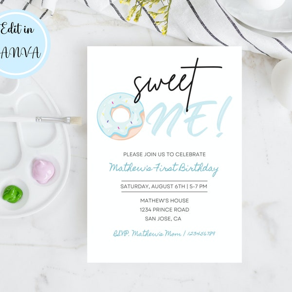 Editable Cute Donut First Birthday Party Invitation, Boy 1st Birthday Invite, Sweet One Birthday Invitation, Editable Template Canva