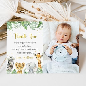 Tarjeta de agradecimiento de cumpleaños de Safari, nota de agradecimiento por el primer cumpleaños de Boy Wild One, tarjeta de animal de la jungla con foto, plantilla editable, descarga instantánea