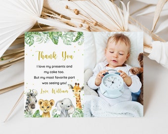 Cartão de agradecimento de aniversário de safári, nota de agradecimento de 1º aniversário de Boy Wild One, cartão de animal da selva com foto, modelo editável, download instantâneo