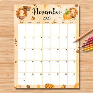 EDITABLE November 2025 Calendar (Vertical/Portrait), Cute Thanksgiving Planner, Monthly Schedule for Kids, School, Home, Work & Office