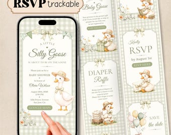 Silly Goose Baby Shower Website Invitation, Online RSVP Digital Invite, Editable Sage Green Gingham Gender Neutral Goose Canva Template