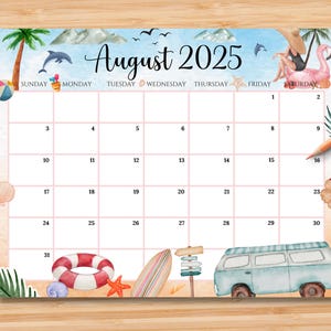 EDITABLE August 2025 Calendar, Relaxing Summer at the Beach with Coconut Tree, Printable Fillable Planner for Home & Work, Instant Download