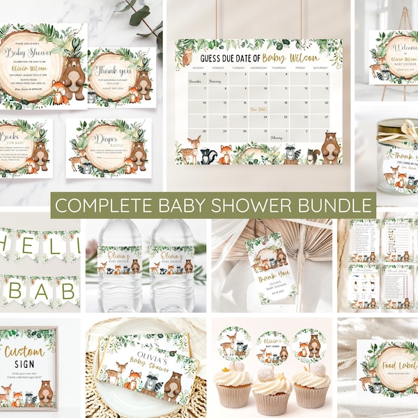 Woodland Baby Shower Bundle, Editable Woodland Animal Set, Baby Shower Invitation Game Pack, Woodland Animal Baby Shower, Gender Neutral