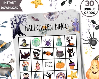 Halloween Bingo, 30 einzigartige Halloween Bingo Karten, Happy Halloween Aktivität, Halloween Bingo druckbar, Halloween Tag Bingo Karten, druckbar