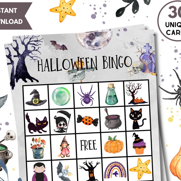 Bingo de Halloween imprimible, 30 cartones de bingo de Halloween únicos, actividad de feliz Halloween, bingo de Halloween imprimible, cartones de bingo del día de Halloween