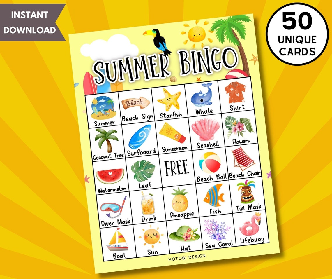 Printable Summer Bingo Game, 50 Unique Bingo Cards w/Labels, Summer Activity for Kids, Teens & Adults, Beach Theme Classroom Games image 1