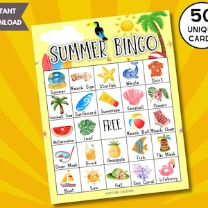Juego de bingo de verano imprimible, 50 cartones de bingo únicos con etiquetas, actividad de verano para niños, adolescentes y adultos, juegos de aula con temática de playa