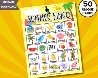 May include: A colourful summer bingo card with images of a beach, surfboard, sunscreen, seashell, flowers, watermelon, leaf, beach ball, beach chair, diver mask, drink, pineapple, fish, tiki mask, boat, sun, hat, sea coral, and lifebuoy. The card says "Summer Bingo" at the top and "FREE" in the centre square.