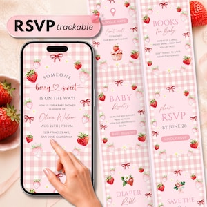 Può includere: Un invito digitale per baby shower visualizzato su uno schermo di smartphone, con sfondo a quadretti rosa, illustrazioni di fragole, fiocchi rossi e margherite bianche. Il testo include i dettagli dell'evento per Olivia Wilson.