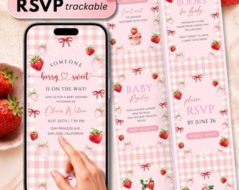 Strawberry Baby Shower Digital Invitation with RSVP Tracking, Berry Sweet Pink Baby Shower Invite, Editable Canva Template, Instant Download