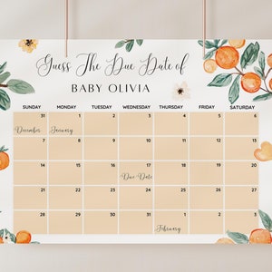 Calendario editable de fechas de parto para baby shower de Little Cute, juego de baby shower de naranja y cítricos, adivina el cumpleaños del bebé, predicción del nacimiento, juego de fecha de parto