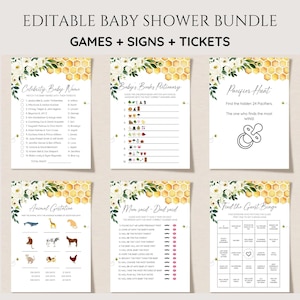 Pacote de jogos para chá de bebê Bee, Pacote de jogos A Little Honey Baby Sprinkle, Gênero neutro, Chá de bebê primavera-verão, Jogos editáveis, para imprimir