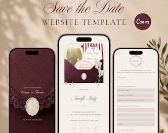 Burgundy Save the Date Website Template, Digital Wedding Invitation with online RSVP, Paperless Canva Text Invite, Instant Download