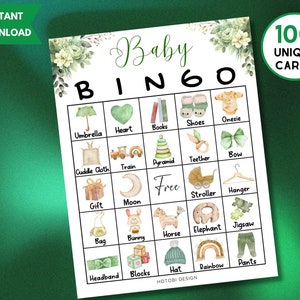 100 Cartões de Jogo de Bingo para Bebês Boho Greenery, Gênero Neutro, Jogo de Bingo para Bebês, Cartões de Jogo para Chá de Bebê para Imprimir com Etiqueta, Ilustrações em Aquarela