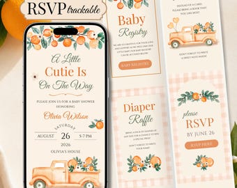A Little Cutie is on the Way Baby Shower Website Invitation, Online RSVP Digital Invite, Citrus Orange Baby Shower, Editable Canva Template