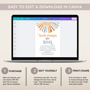 May include: Editable baby shower invitation template in Canva. The invitation features a colorful sunburst design with the text "Here comes the son" and a blue and orange color scheme.