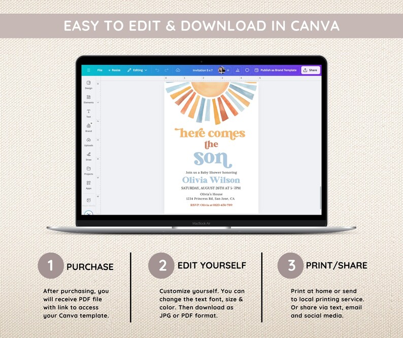May include: Editable baby shower invitation template in Canva. The invitation features a colorful sunburst design with the text "Here comes the son" and a blue and orange color scheme.
