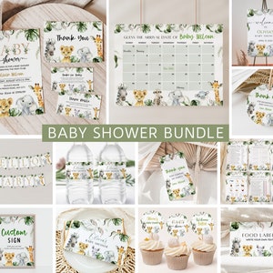 Safari Animals Baby Shower Bundle, Editable Safari Baby Shower Invitation Set, Jungle Animals Baby Shower, Gender Neutral, Instant Download