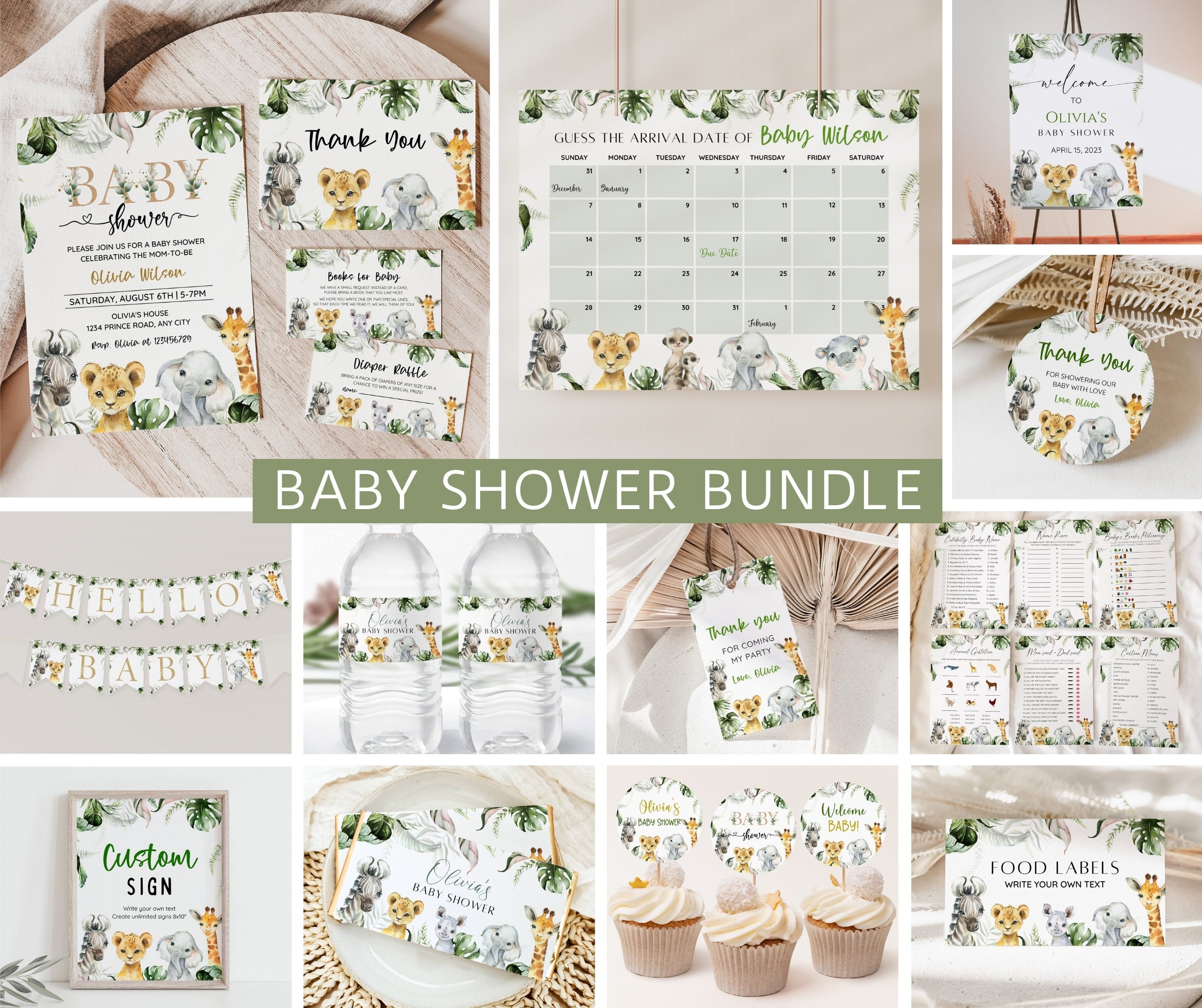 Safari-Tiere-Babyparty-Bundle, bearbeitbares Safari-Babyparty-Einladungsset, Dschungeltiere-Babyparty, geschlechtsneutral, Instant Download