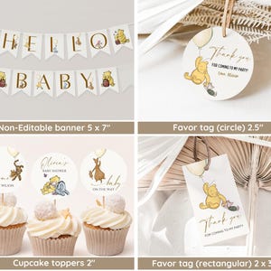 May include: Winnie the Pooh themed baby shower decorations, including a banner that says "Hello Baby", cupcake toppers with Winnie the Pooh characters, and favor tags that say "Thank you for coming to my party!"