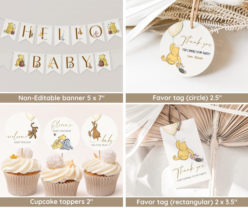 May include: Winnie the Pooh themed baby shower decorations, including a banner that says "Hello Baby", cupcake toppers with Winnie the Pooh characters, and favor tags that say "Thank you for coming to my party!"