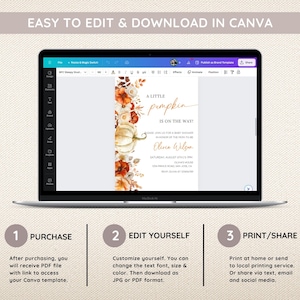 May include: Editable digital invitation for a baby shower with a watercolor illustration of a pumpkin and fall foliage. The text reads "A Little Pumpkin is on the Way?" and includes the name "Olivia Wilson".