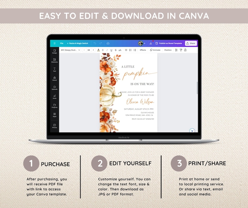 May include: Editable digital invitation for a baby shower with a watercolor illustration of a pumpkin and fall foliage. The text reads "A Little Pumpkin is on the Way?" and includes the name "Olivia Wilson".