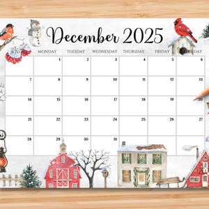 EDITABLE December 2025 Calendar, Beautiful Christmas with Red Bird and Snowman, Printable Monthly Planner for Kids School Home Work Office