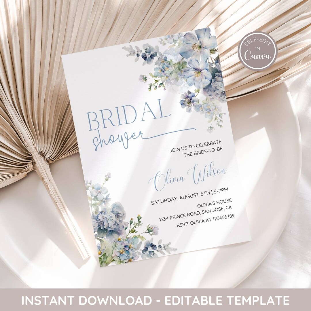 Editable Dusty Blue Bridal Shower Invitation Template, Blue Floral ...