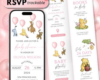 Editable Winnie the Pooh Baby Shower Website Invitation, Pink Online RSVP Digital Invite, Teddy Bear Girl Baby Shower Canva Template