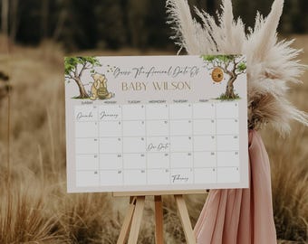 Winnie the Pooh Baby Due Date Calendar, Vintage Pooh Bear Prediction Game, Gender Neutral Baby Shower, Editable, Printable, Instant Download