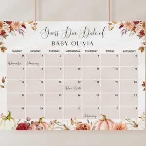 Bearbeitbarer kleiner Kürbis-Babyparty-Fälligkeitsdatumskalender, Herbst-Herbst-Babypartyspiel, Errate den Geburtstag des Babys, Babyvorhersage, Fälligkeitsdatumsspiel