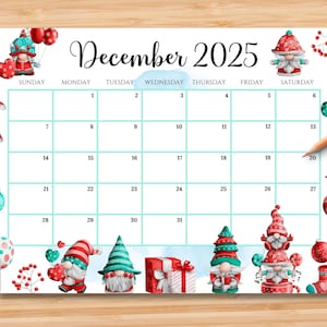 EDITABLE December 2025 Calendar, Adorable Christmas w/ Cute Gnomes, Printable Monthly Planner for Kids School Home Work Office Digital