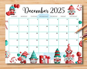 EDITABLE December 2025 Calendar, Adorable Christmas w/ Cute Gnomes, Printable Monthly Planner for Kids School Home Work Office Digital