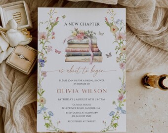 Storybook Bridal Shower Invitation, A New Chapter Begins Wedding Shower Invite, Book Theme Bridal Shower Invite, Editable Canva Template