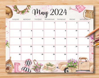 EDITABLE May 2024 Calendar, Watercolor Garden Spring Vibe, Mother's Day Planner, Printable Monthly Schedule for Kid School, Instant Download