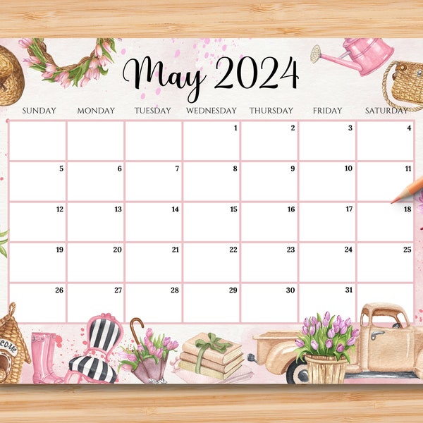 EDITABLE May 2024 Calendar, Watercolor Garden Spring Vibe, Mother's Day Planner, Printable Monthly Schedule for Kid School, Instant Download