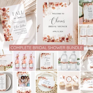Fall in Love Bridal Shower Bundle, Autumn Bridal Shower Invitation & Games, Boho Fall Floral Wedding Shower Invite, Editable Canva Template