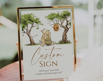 Letrero personalizado de Winnie the Pooh, letrero clásico editable de oso Pooh, decoración para baby shower y primer cumpleaños, unisex, imprimible, descarga instantánea