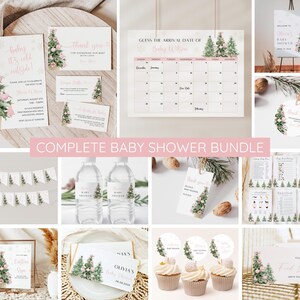 Pink Christmas Baby Shower Invitation Bundle, Baby it&#39;s Cold Outside, Winter Baby Shower Set, Pine Tree Pink Bow, Girl Baby Shower, EDITABLE