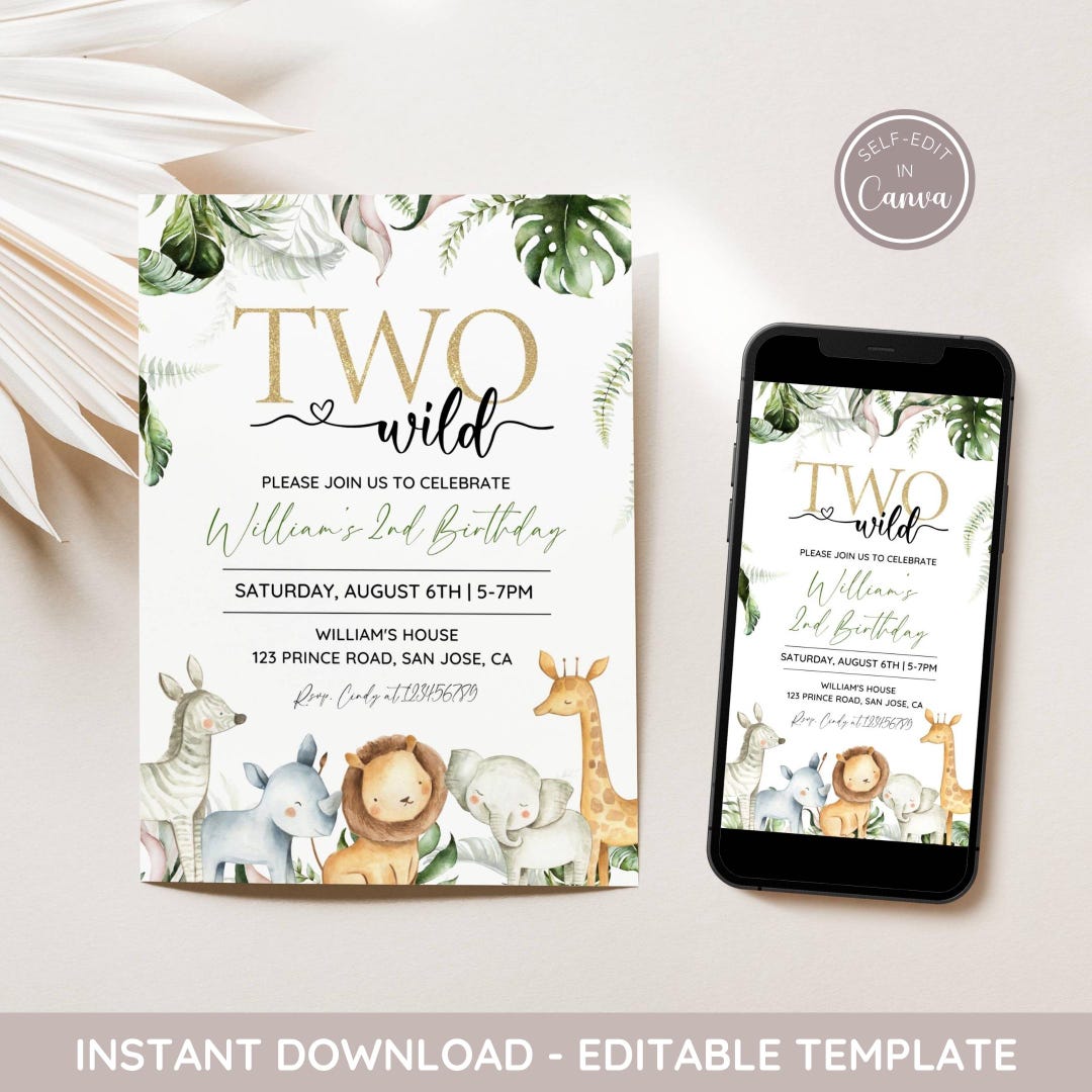 Editable Two Wild Invitation, Safari Birthday Party Invite, Jungle ...