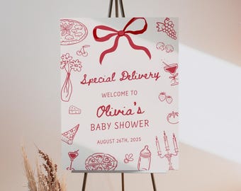 Special Delivery Baby Shower Welcome Sign, Hand Drawn Italian Pizza Baby Shower Welcome Poster, Slice Slice Baby, Editable Canva Template
